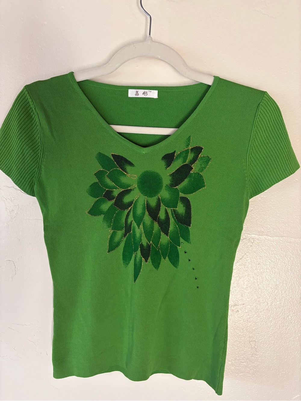 JK Kawaii Green Knit Sweater Floral Print Beaded Size S